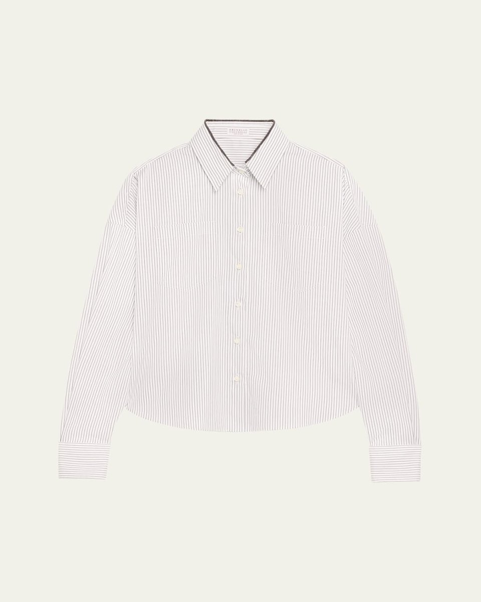 Striped Poplin Crop Button-Down Shirt With Monili Coll